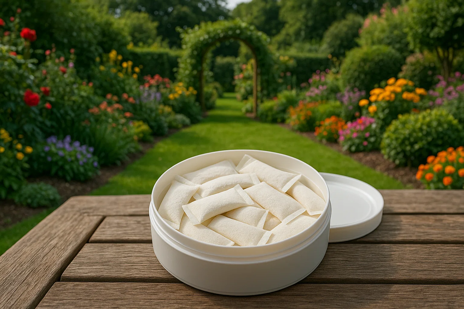 vitt snus i trädgård